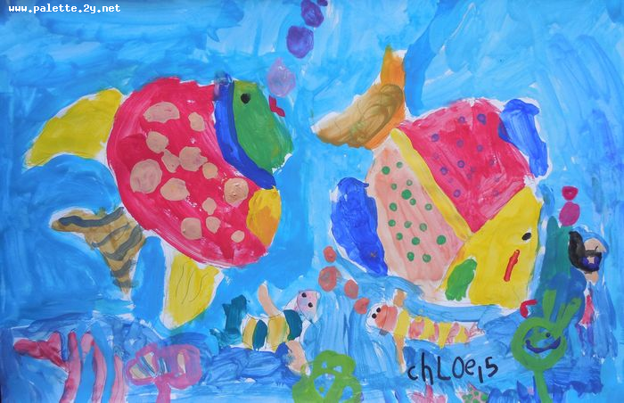 Art Studio PALETTE. Chloe Singchai Picture.  Tempera Animals Fish 