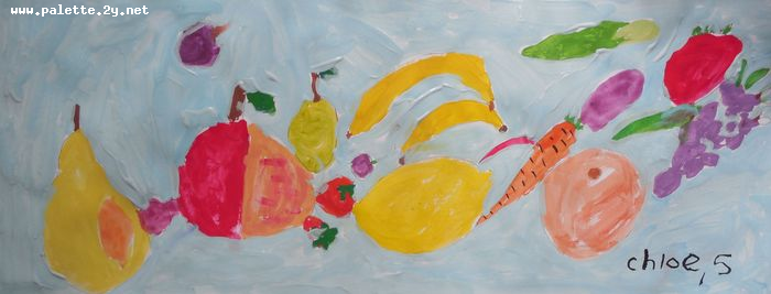 Art Studio PALETTE. Chloe Singchai Picture.  Tempera Still Life Fruits & Vegi 