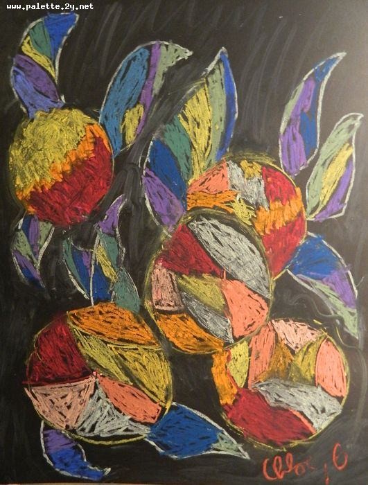 Art Studio PALETTE. Chloe Singchai Picture.  Oil Pastel Still Life Fruits & Vegi 