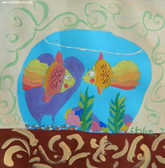 Art Studio PALETTE. Chloe Singchai Picture.  Tempera Animals Fish 