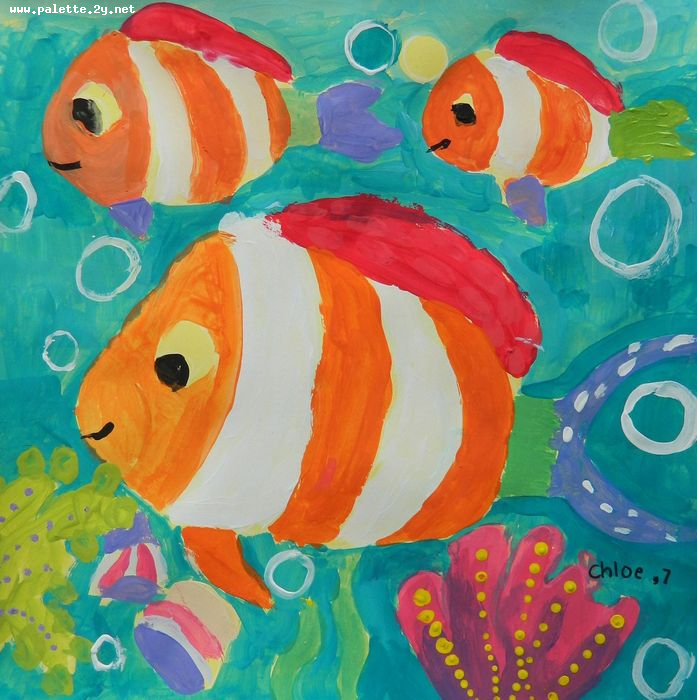 Art Studio PALETTE. Chloe Singchai Picture.  Tempera Animals Fish 