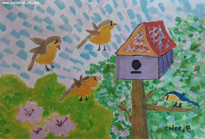 Art Studio PALETTE. Chloe Singchai Picture.  Tempera Animals Birds 