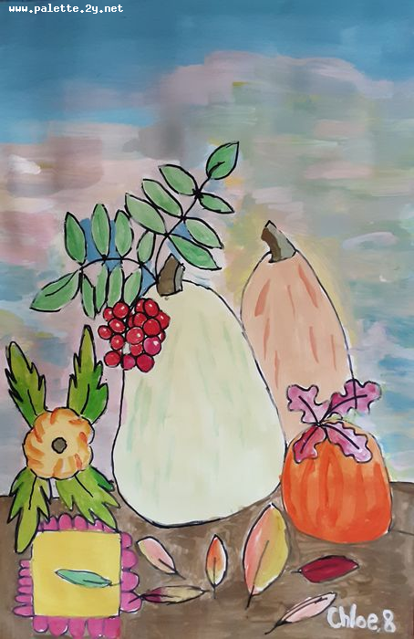 Art Studio PALETTE. Chloe Singchai Picture.  Marker, Tempera Still Life Fruits & Vegi 