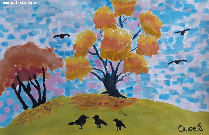 Art Studio PALETTE. Chloe Singchai Picture.  Tempera Landscape Fall 