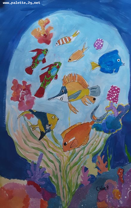 Art Studio PALETTE. Chloe Singchai Picture.  Tempera Animals Fish 
