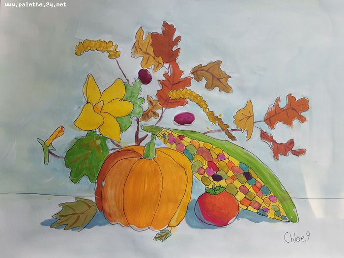 Art Studio PALETTE. Chloe Singchai Picture.  Marker, Tempera Still Life Fruits & Vegi 