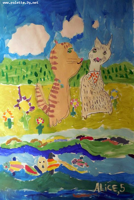 Art Studio PALETTE. Alice Gonopolsky Picture.  Tempera Animals Cats 