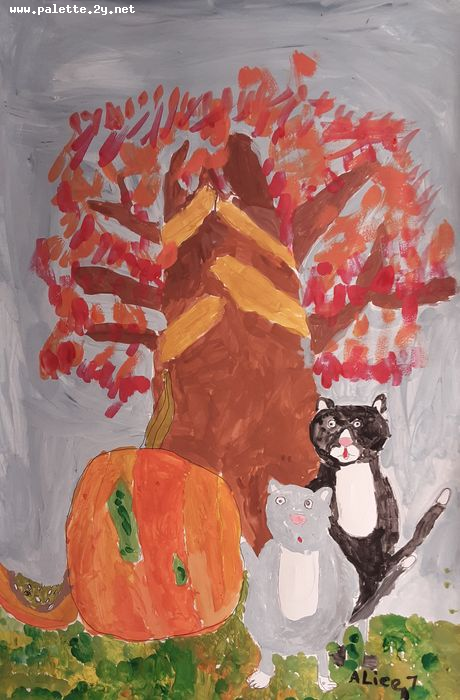 Art Studio PALETTE. Alice Gonopolsky Picture.  Tempera Animals Cats 