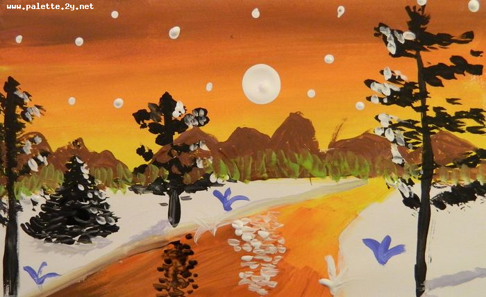 Art Studio PALETTE. Varya Pavlova Picture. Greeting Card Tempera Landscape Winter 