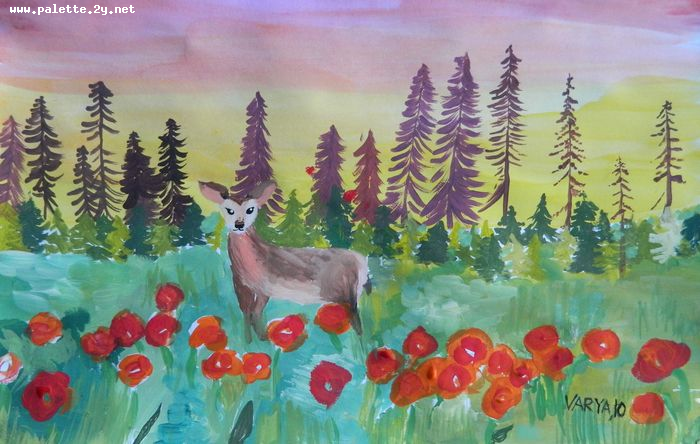 Art Studio PALETTE. Varya Pavlova Picture.  Tempera Animals Mix Unexpected Encounter