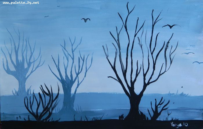 Art Studio PALETTE. Varya Pavlova Picture.  Tempera Landscape Trees 