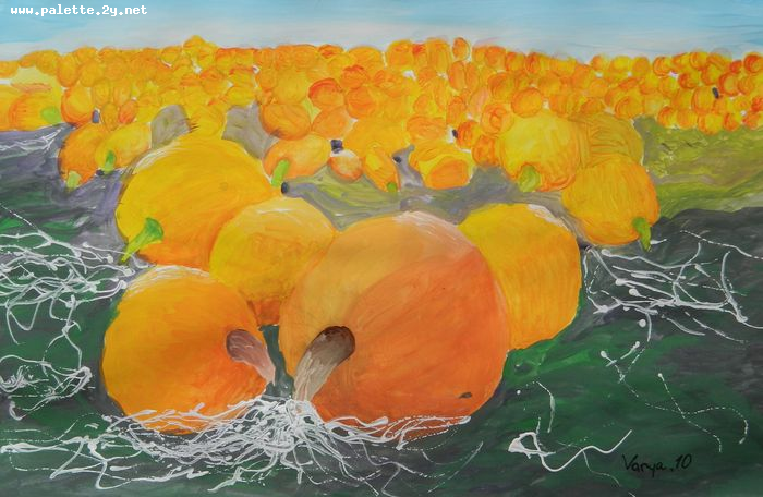 Art Studio PALETTE. Varya Pavlova Picture.  Tempera Still Life Fruits & Vegi 