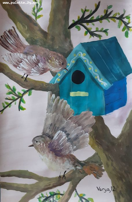 Art Studio PALETTE. Varya Pavlova Picture.  Tempera Animals Birds 