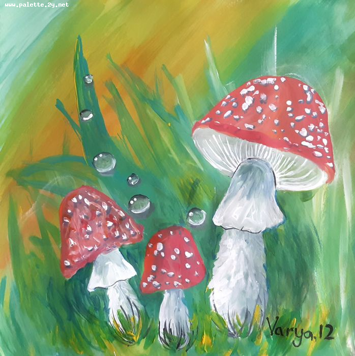 Art Studio PALETTE. Varya Pavlova Picture.  Tempera Plants Mushrooms 