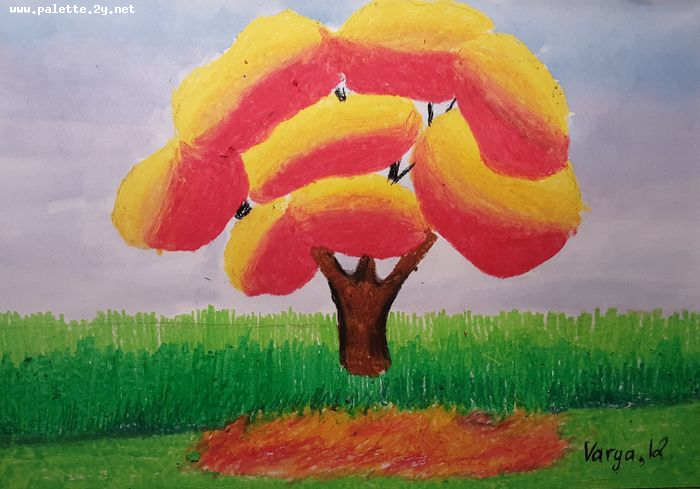 Art Studio PALETTE. Varya Pavlova Picture.  Oil Pastel Landscape Trees 