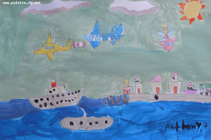 Art Studio PALETTE. Anthony Miasnykov Picture.  Marker, Tempera Landscape Ships 