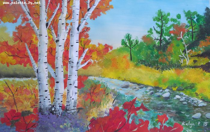 Art Studio PALETTE. Katya Pelekh Picture.  Tempera Landscape Fall The Bright Season