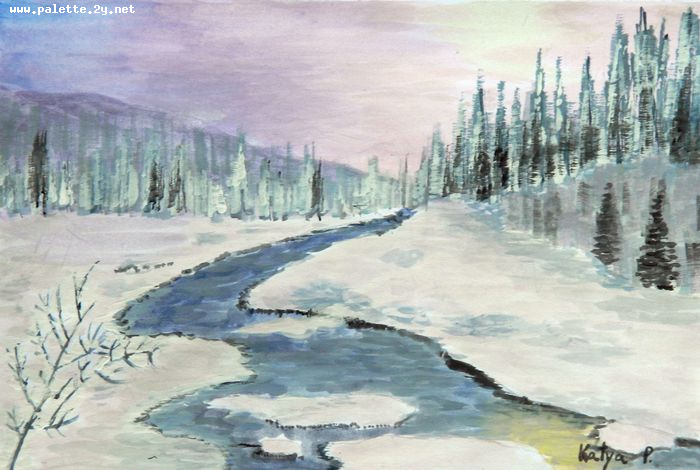 Art Studio PALETTE. Katya Pelekh Picture.  Tempera Landscape Winter 