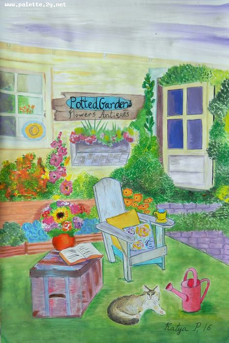 Art Studio PALETTE. Katya Pelekh Picture.  Tempera Landscape Houses 