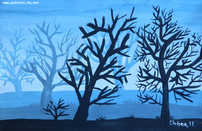 Art Studio PALETTE. Chelsea Hwang Picture.  Tempera Landscape Trees 