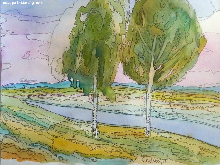 Art Studio PALETTE. Chelsea Hwang Picture.  Watercolour, Ink Landscape Nature 