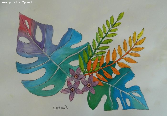 Art Studio PALETTE. Chelsea Hwang Picture.  Marker, Tempera Plants Leaves 