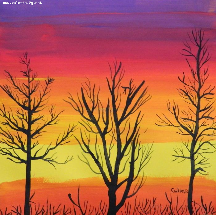 Art Studio PALETTE. Chelsea Hwang Picture.  Tempera Landscape Trees 