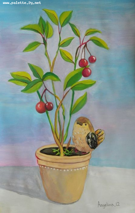 Art Studio PALETTE. Angelina Zhang Picture.  Tempera Still Life Still Life Still Life with a Bird