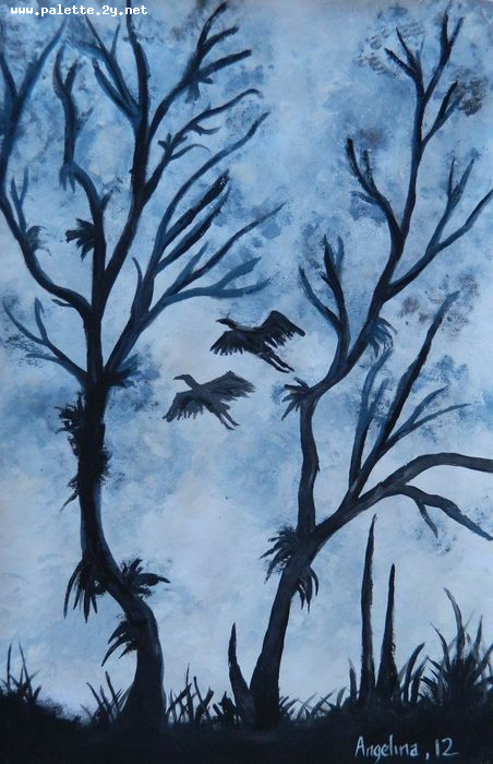 Art Studio PALETTE. Angelina Zhang Picture.  Tempera Landscape Trees 