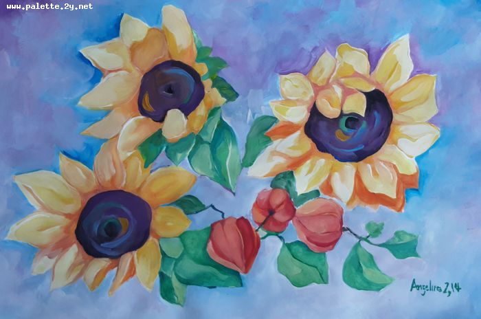 Art Studio PALETTE. Angelina Zhang Picture.  Tempera Plants Sunflowers 
