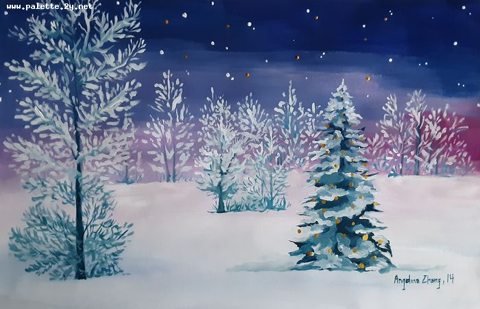 Art Studio PALETTE. Angelina Zhang Picture.  Tempera Landscape Winter 