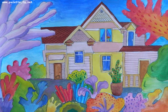 Art Studio PALETTE. Alice Qiu Picture.  Tempera Landscape Houses 