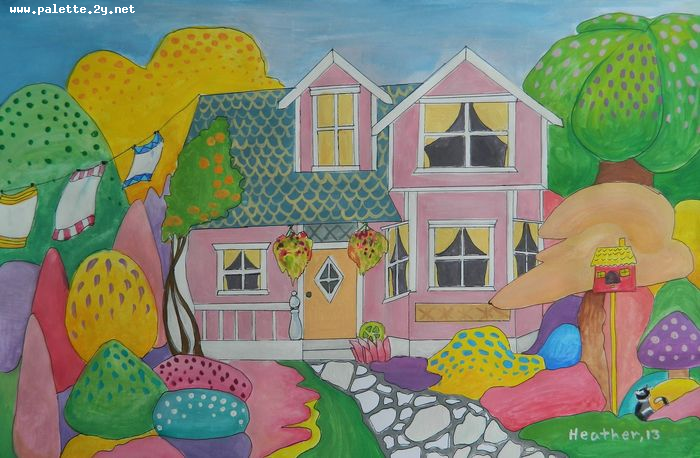 Art Studio PALETTE. Heather Zhang Picture.  Tempera Landscape Houses 