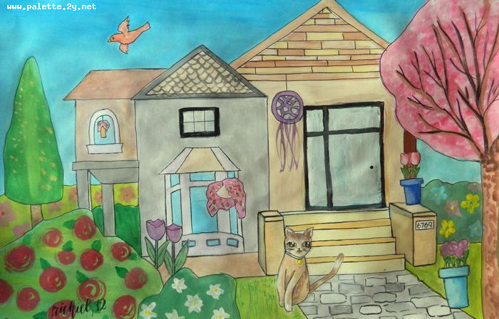 Art Studio PALETTE. Richiel Zhang Picture.  Tempera Landscape Houses 