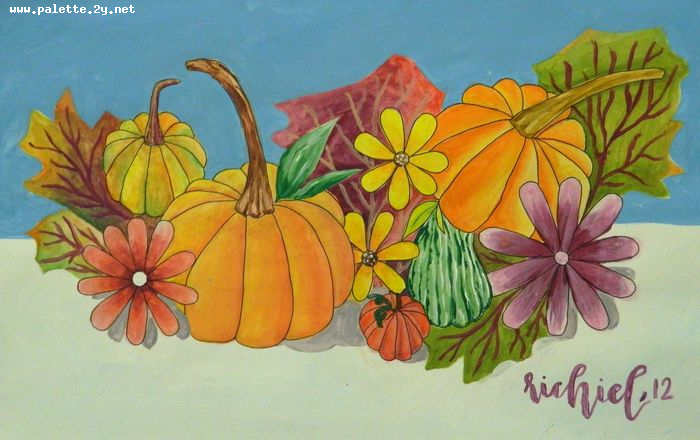 Art Studio PALETTE. Richiel Zhang Picture.  Tempera Still Life Fruits & Vegi 