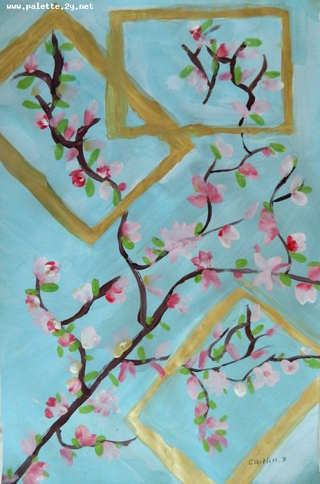 Art Studio PALETTE. Caitlin Wang Picture.  Tempera Landscape Spring Spring Blooming