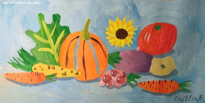 Art Studio PALETTE. Caitlin Wang Picture.  Tempera Still Life Fruits & Vegi 