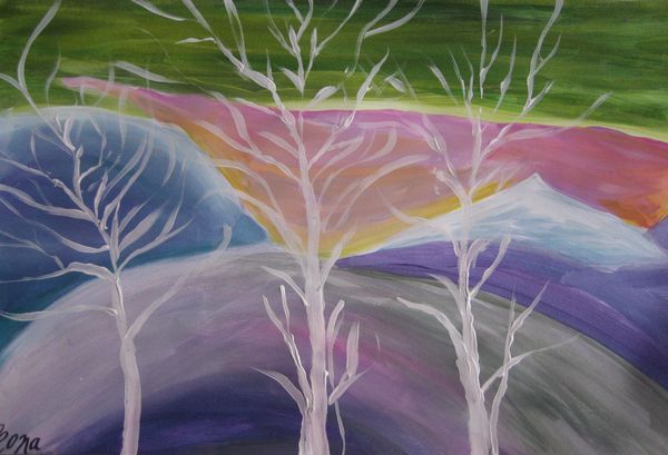 Art Studio PALETTE. Seona Aujla Picture.  Tempera Landscape Trees 