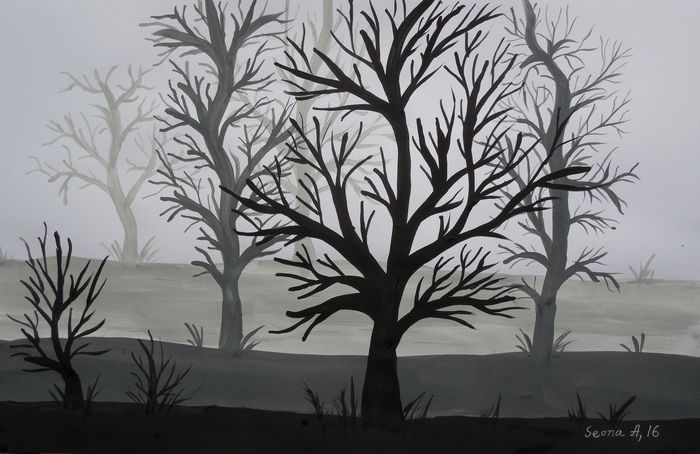 Art Studio PALETTE. Seona Aujla Picture.  Tempera Landscape Trees 