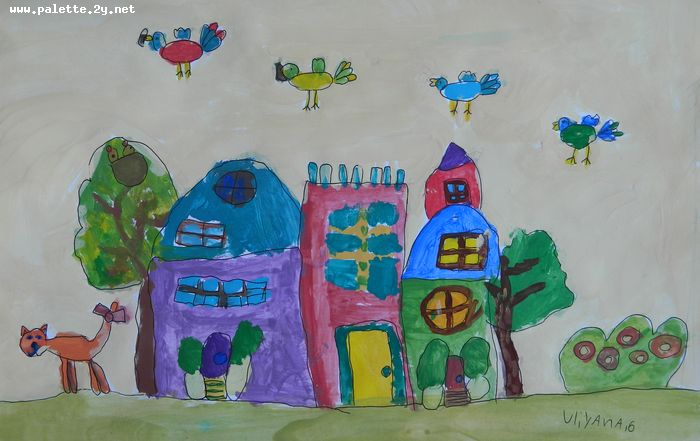 Art Studio PALETTE. Uliyana Kuznetsova Picture.  Marker, Tempera Landscape Houses 