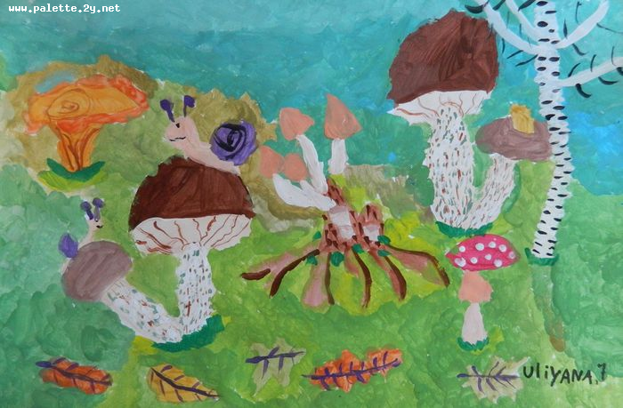Art Studio PALETTE. Uliyana Kuznetsova Picture.  Tempera Plants Mushrooms 