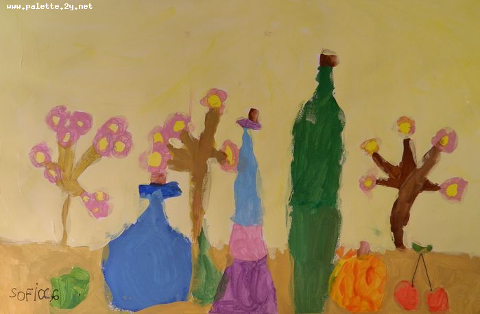 Art Studio PALETTE. Sofia Nikolaidi Picture.  Tempera Still Life Bottles 
