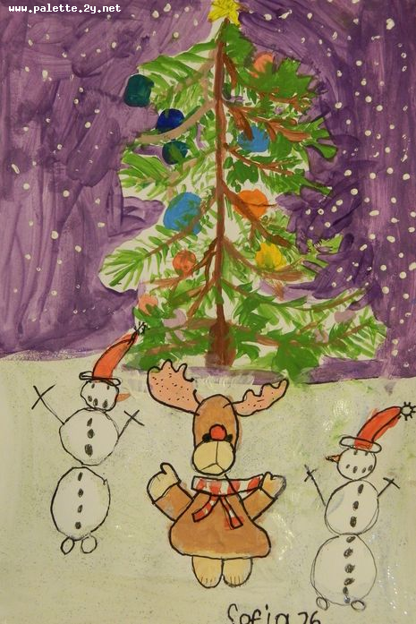 Art Studio PALETTE. Sofia Nikolaidi Picture. Greeting Card Marker, Tempera Holidays New Year 