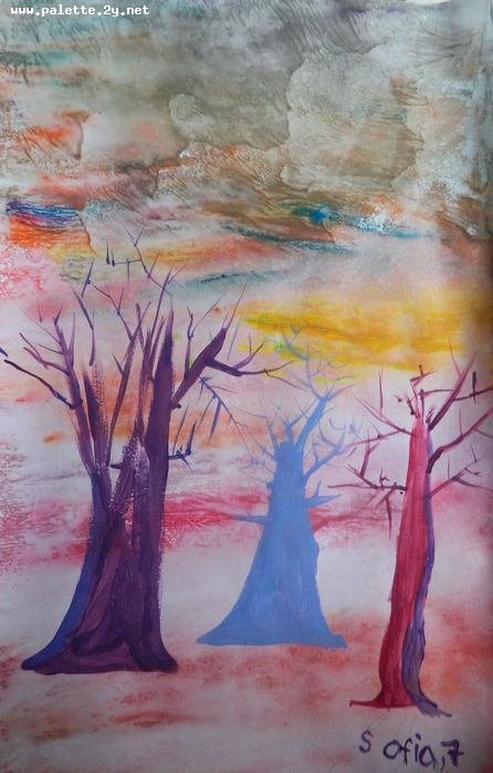 Art Studio PALETTE. Sofia Nikolaidi Picture.  Tempera Landscape Trees 