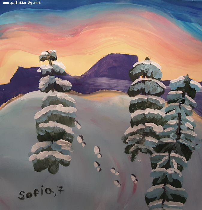 Art Studio PALETTE. Sofia Nikolaidi Picture.  Tempera Landscape Winter 