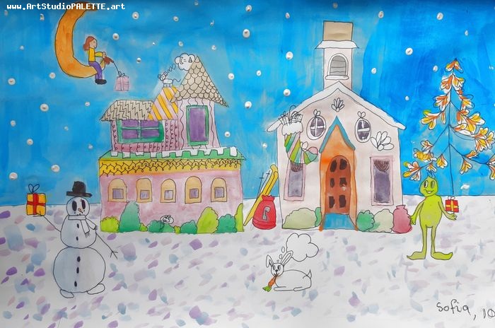 Art Studio PALETTE. Sofia Nikolaidi Picture.  Mixed Media Landscape Houses 