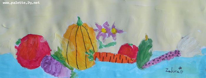 Art Studio PALETTE. Zahra Merchant Picture.  Tempera Still Life Fruits & Vegi 