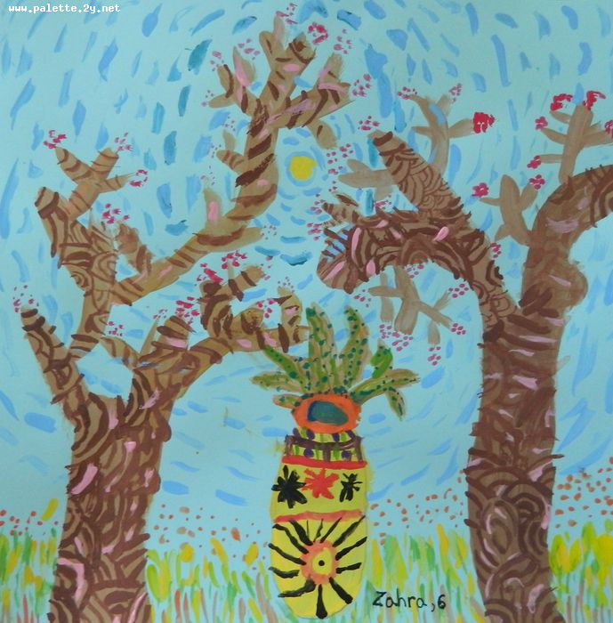 Art Studio PALETTE. Zahra Merchant Picture.  Tempera Landscape Trees 