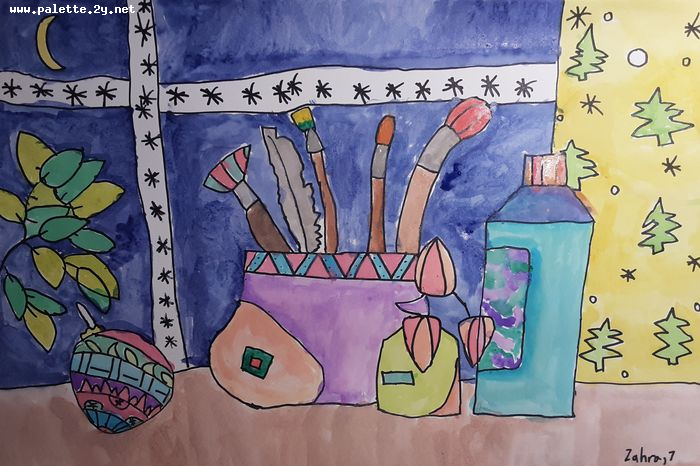 Art Studio PALETTE. Zahra Merchant Picture.  Watercolour, Ink Still Life Contour Line Drawing 