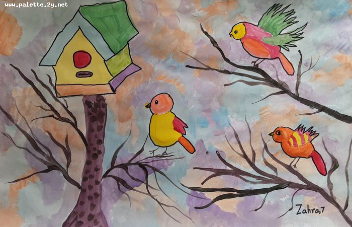Art Studio PALETTE. Zahra Merchant Picture.  Marker, Tempera Animals Birds 